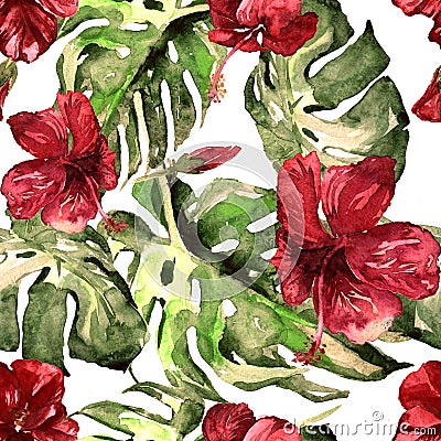 Watercolor Seamless Pattern. Hand Painted Illustration of Tropical Leaves and Flowers. Tropic Summer Motif with Hibiscus Pattern. Stock Photo