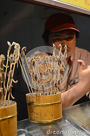 Exotic food skewers in Beijing Editorial Stock Photo