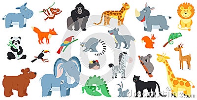Exotic forest animals. Cute cartoon animal zoo life, zebra fox bear. Wild safari, comic kids elephant panda and Vector Illustration