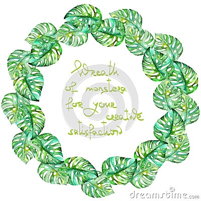 Exotic frame border (wreath) with monstera green leaves painted in watercolor for greeting card, decoration postcard or invitation Stock Photo