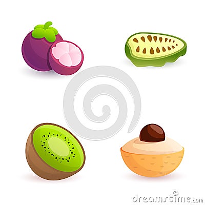 Exotic fruit icons set cartoon vector. Noni fruit mangosteen kiwi and longan Vector Illustration