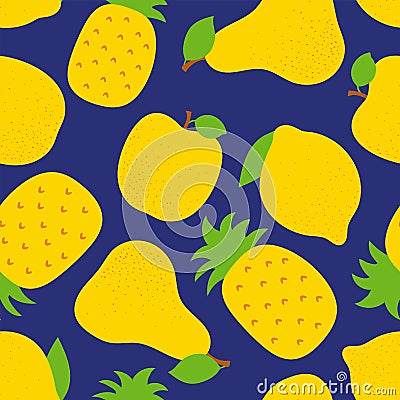 Exotic fruit seamless pattern. Sweet pineapple, pear and apple. Yellow lemon. Fashion design. Food print for dress, textile, Vector Illustration