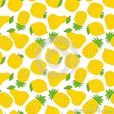 Exotic fruit seamless pattern. Sweet pineapple, pear and apple. Yellow lemon. Fashion design. Food print for dress, textile, Vector Illustration