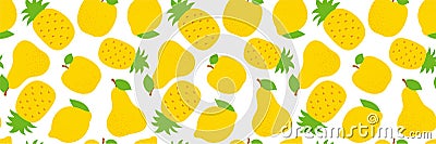 Exotic fruit seamless pattern. Sweet pineapple, pear and apple. Yellow lemon. Fashion design. Food print for dress, textile, Vector Illustration