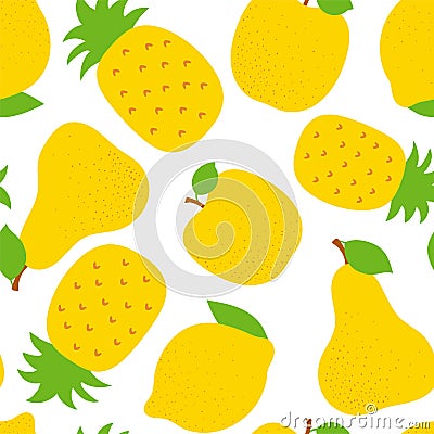 Exotic fruit seamless pattern. Sweet pineapple, pear and apple. Yellow lemon. Fashion design. Food print for dress, textile, Vector Illustration