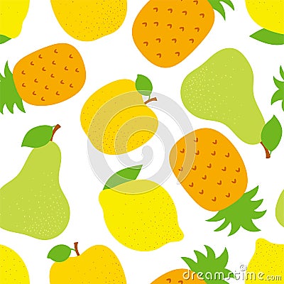 Exotic fruit seamless pattern. Sweet pineapple, pear and apple. Yellow lemon. Fashion design. Food print for dress, textile, Vector Illustration