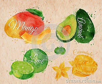 Exotic fruit watercolor mango, avocado, carambola Vector Illustration