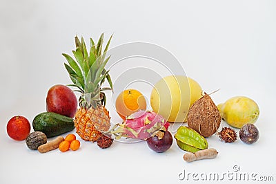 Exotic fruits isolated on white background. Healthy eating dieting food. Pitahaya, carambola, papaya, baby pineapple, mango, pass Stock Photo