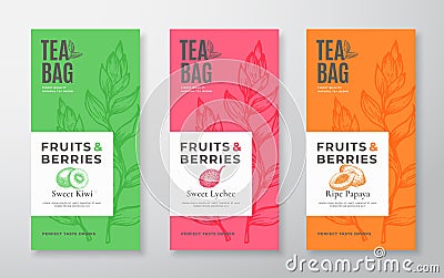 Exotic Fruits Tea Labels Set. Abstract Vector Packaging Design Layouts Bundle. Modern Typography, Hand Drawn Tea Leaves Vector Illustration