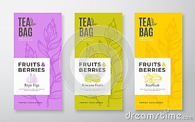 Exotic Fruits Tea Labels Set. Vector Packaging Design Layouts Bundle. Modern Typography, Hand Drawn Tea Leaves, Figs Vector Illustration