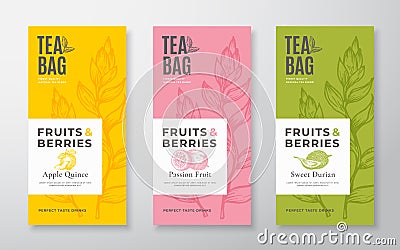 Exotic Fruits Tea Labels Set. Vector Packaging Design Layouts Bundle. Modern Typography, Hand Drawn Tea Leaves, Quince Vector Illustration