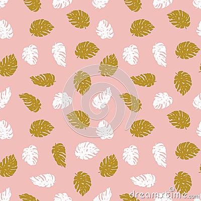 Exotic gold and white leaves on the pink background. Seamless hand drawn tropical pattern. Vector Illustration