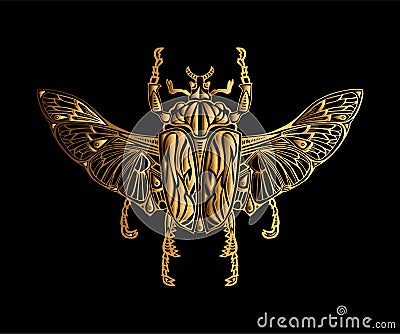 Exotic golden beetle isolated on black background. Vector Illustration