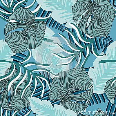 Exotic hawaiian plant seamless pattern. Leaf wallpaper. Tropical pattern, palm leaves Cartoon Illustration