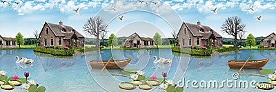 Exotic house and lake panorama landscape of Lakes, beautiful natural wallpaper. Stock Photo