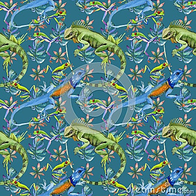 Exotic iguana pattern in a watercolor style. Stock Photo