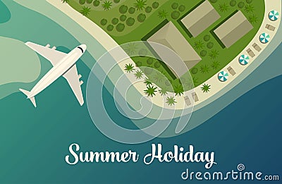 Exotic island with beach and bungalow, airplane Vector Illustration