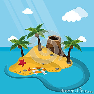 Exotic island volcano sand starfish lifebuoy sand palm Vector Illustration