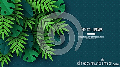 Exotic jungle tropical palm leaves. Summer floral design with dotted dark turquoise color background, vector Vector Illustration