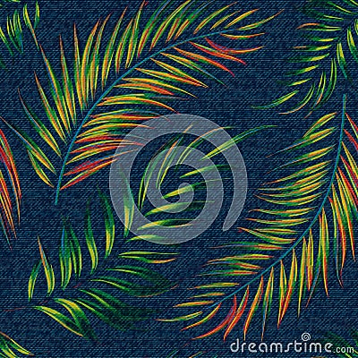 Exotic leaf seamless print on denim backdrop. Bright palm leaves on a dark blue background, color graphics, blue jeans Vector Illustration