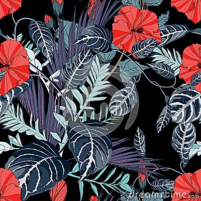 Exotic leaves,blue liana branches, hibiscus flower branch and many kinds of plants seamless pattern. Stock Photo