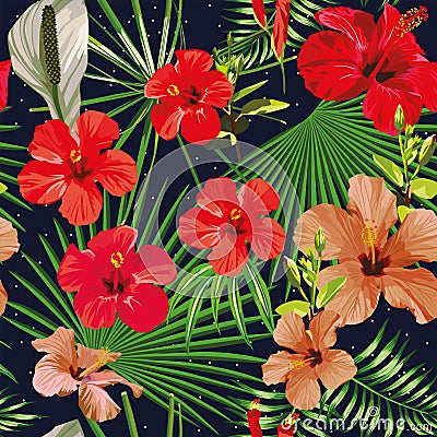 Exotic leaves and flowers seamless pattern night background Vector Illustration