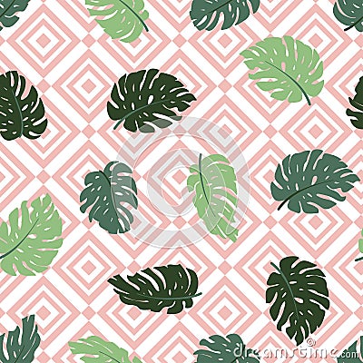 Exotic leaves and geometrical ornament. Seamless hand drawn tropical pattern. Vector background with monstera and rhombus. Vector Illustration