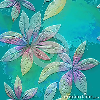 Exotic lilies flowers textured 3d seamless pattern. Floral embossed watercolor background. Grunge dirty abstract colorful backdrop Vector Illustration