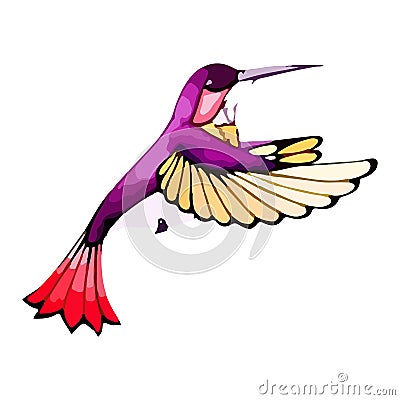 Exotic little hummingbird in flight. Design element for natural decor, summer garden. Colorful colibri in watercolor Vector Illustration