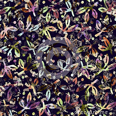 Exotic multicoloured boho floral camouflage scatter print. Seamless autumnal dark ground detailed repeat pattern. Stock Photo