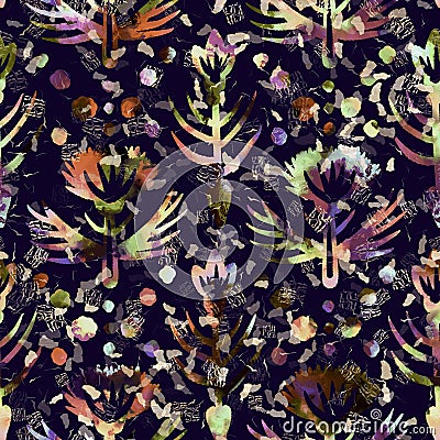 Exotic multicoloured boho floral camouflage scatter print. Seamless autumnal dark ground detailed repeat pattern. Stock Photo