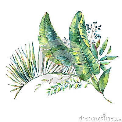 Exotic natural vintage watercolor greeting card of banana leaves Stock Photo