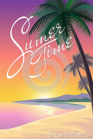 Exotic ocean beach landscape background. Silhouette palm tree pink orange sunset sky sun. Hot summer vacation evening illus Cartoon Illustration