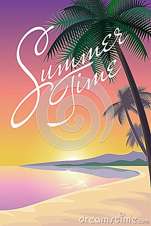 Exotic ocean beach landscape background. Silhouette palm tree pink orange sunset sky sun. Hot summer vacation evening illus Cartoon Illustration