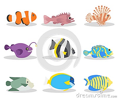 Exotic ocean fish flat vector illustrations set Vector Illustration