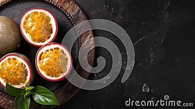 Exotic Passion Fruit Slices On Black Background - High-quality Stock Photo Stock Photo