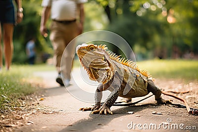 exotic pet with its owner, taking a stroll in the park Stock Photo