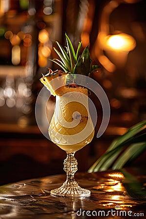 Exotic Pineapple Cocktail in Elegant Glass at Ambient Bar Stock Photo