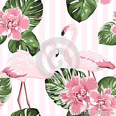 Exotic pink flamingo birds couple. Bright camelia flowers. Tropical monstera green leaves. Trendy seamless pattern. Vector Illustration