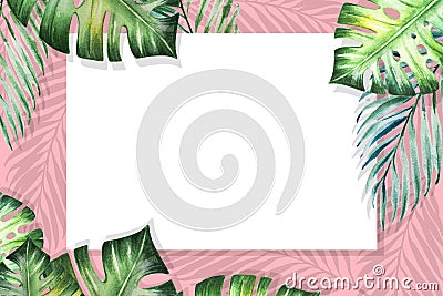 Beautiful tropical leaves border frame. Monstera, palm. Watercolor painting. White paper on pink backdrop. Cartoon Illustration