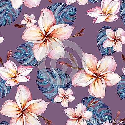 Exotic plumeria flowers and green monstera leaves on purple background in seamless tropical pattern. Watercolor painting. Cartoon Illustration