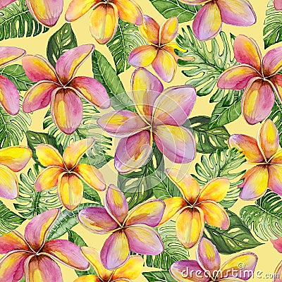 Exotic plumeria flowers and green monstera leaves on yellow background. Seamless tropical pattern in vivid colors. Cartoon Illustration