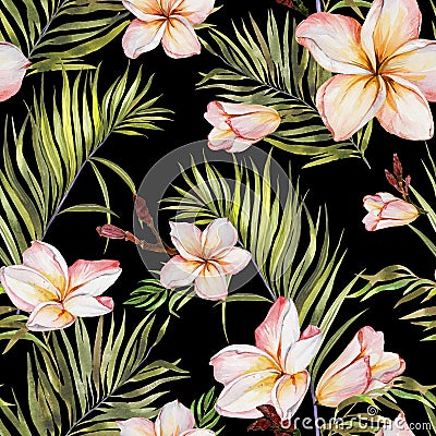 Exotic plumeria flowers and green palm leaves on black background. Seamless tropical pattern. Watercolor painting. Cartoon Illustration