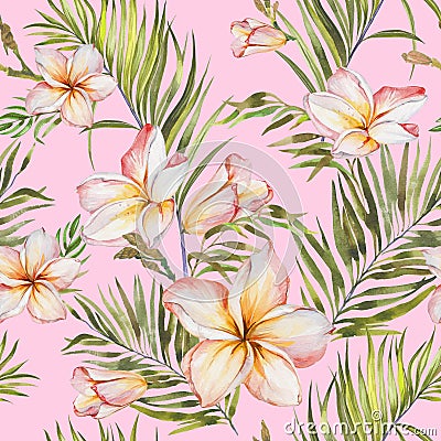 Exotic plumeria flowers and green palm leaves in seamless tropical pattern. Light pink background, pastel shades. Cartoon Illustration