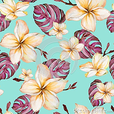 Exotic plumeria flowers and purple monstera leaves in seamless tropical pattern. Bright blue background, vivid colors. Cartoon Illustration