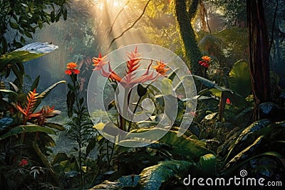 exotic rainforest flowers opening up at sunrise Stock Photo