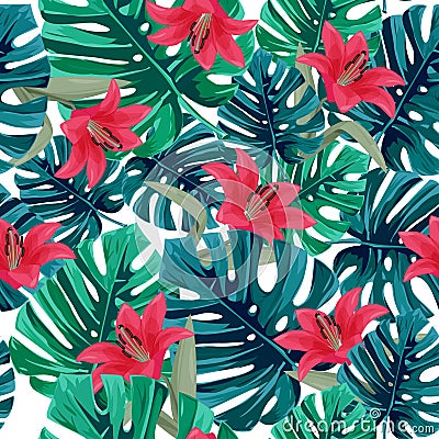 Exotic red lily and green monstera leaves background. Tropical seamless pattern. Vector Illustration