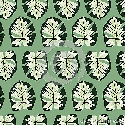 Exotic seamless hawaii pattern with simple monstera shapes ornament. Pastel foliage print in green tones. Floral artwork Cartoon Illustration