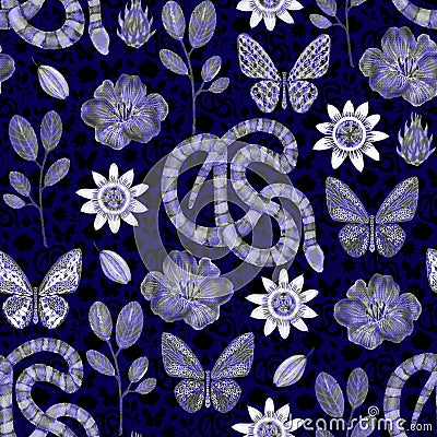 Exotic seamless pattern with snake, butterflies, summer flowers and fruits Stock Photo