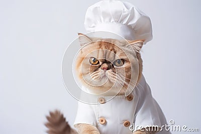 Exotic Shorthair Cat Dressed As A Chef On White Background Stock Photo